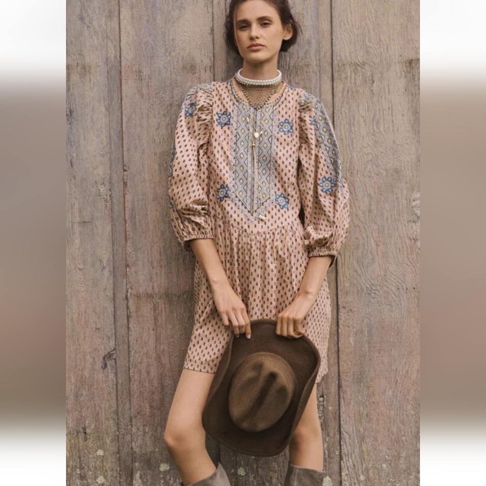 NWT Anthropologie Embroidered Tunic Drop Waist Mini Dress M